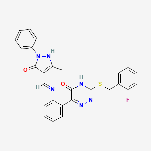 3-[(2-fluorophenyl)methylsulfanyl]-6-[2-[[(Z)-(3-methyl-5-oxo-1-phenylpyrazol-4-ylidene)methyl]amino]phenyl]-2H-1,2,4-triazin-5-one