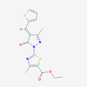 molecular formula C16H15N3O3S2 B11611937 Ethyl 4-methyl-2-[3-methyl-5-oxo-4-(2-thienylmethylene)(1,2-diazolinyl)]-1,3-t hiazole-5-carboxylate 