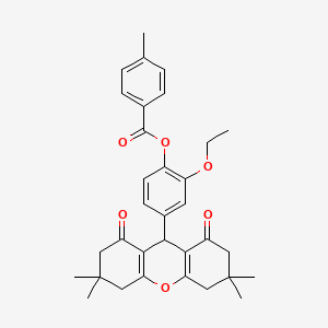 molecular formula C33H36O6 B11612162 2-ethoxy-4-(3,3,6,6-tetramethyl-1,8-dioxo-2,3,4,5,6,7,8,9-octahydro-1H-xanthen-9-yl)phenyl 4-methylbenzoate 