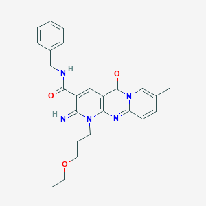 molecular formula C25H27N5O3 B11612287 N-benzyl-7-(3-ethoxypropyl)-6-imino-13-methyl-2-oxo-1,7,9-triazatricyclo[8.4.0.03,8]tetradeca-3(8),4,9,11,13-pentaene-5-carboxamide 