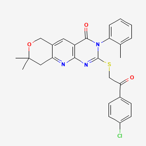 molecular formula C27H24ClN3O3S B11612293 5-[2-(4-chlorophenyl)-2-oxoethyl]sulfanyl-13,13-dimethyl-6-(2-methylphenyl)-12-oxa-2,4,6-triazatricyclo[8.4.0.03,8]tetradeca-1,3(8),4,9-tetraen-7-one 