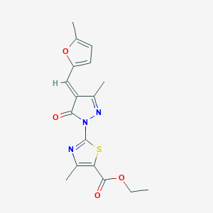 molecular formula C17H17N3O4S B11612518 Ethyl 4-methyl-2-(3-methyl-4-((5-methylfuran-2-yl)methylene)-5-oxo-4,5-dihydro-1H-pyrazol-1-yl)thiazole-5-carboxylate 