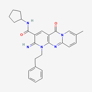 molecular formula C26H27N5O2 B11612565 N-cyclopentyl-6-imino-13-methyl-2-oxo-7-(2-phenylethyl)-1,7,9-triazatricyclo[8.4.0.03,8]tetradeca-3(8),4,9,11,13-pentaene-5-carboxamide 