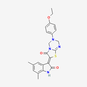 molecular formula C23H22N4O3S B11612693 (7Z)-7-(5,7-dimethyl-2-oxo-1,2-dihydro-3H-indol-3-ylidene)-3-(4-ethoxyphenyl)-3,4-dihydro-2H-[1,3]thiazolo[3,2-a][1,3,5]triazin-6(7H)-one 