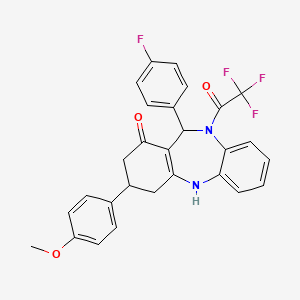 molecular formula C28H22F4N2O3 B11612850 11-(4-fluorophenyl)-3-(4-methoxyphenyl)-10-(trifluoroacetyl)-2,3,4,5,10,11-hexahydro-1H-dibenzo[b,e][1,4]diazepin-1-one 