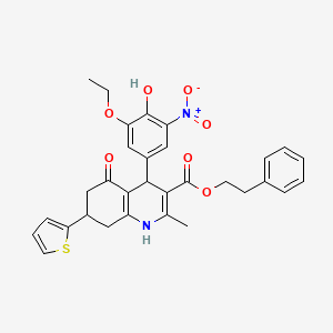 2-Phenylethyl 4-(3-ethoxy-4-hydroxy-5-nitrophenyl)-2-methyl-5-oxo-7-(thiophen-2-yl)-1,4,5,6,7,8-hexahydroquinoline-3-carboxylate