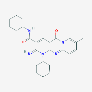 N,7-dicyclohexyl-6-imino-13-methyl-2-oxo-1,7,9-triazatricyclo[8.4.0.03,8]tetradeca-3(8),4,9,11,13-pentaene-5-carboxamide