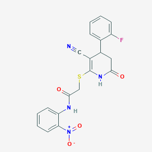 molecular formula C20H15FN4O4S B11616631 2-{[3-cyano-4-(2-fluorophenyl)-6-oxo-1,4,5,6-tetrahydropyridin-2-yl]sulfanyl}-N-(2-nitrophenyl)acetamide 