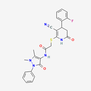 molecular formula C25H22FN5O3S B11616712 2-{[3-cyano-4-(2-fluorophenyl)-6-oxo-1,4,5,6-tetrahydropyridin-2-yl]sulfanyl}-N-(1,5-dimethyl-3-oxo-2-phenyl-2,3-dihydro-1H-pyrazol-4-yl)acetamide 