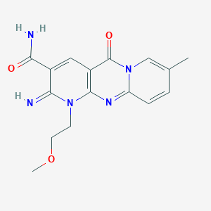 molecular formula C16H17N5O3 B11616857 6-imino-7-(2-methoxyethyl)-13-methyl-2-oxo-1,7,9-triazatricyclo[8.4.0.03,8]tetradeca-3(8),4,9,11,13-pentaene-5-carboxamide 