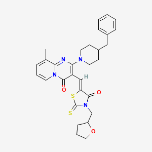 molecular formula C30H32N4O3S2 B11616967 2-(4-benzylpiperidin-1-yl)-9-methyl-3-{(Z)-[4-oxo-3-(tetrahydrofuran-2-ylmethyl)-2-thioxo-1,3-thiazolidin-5-ylidene]methyl}-4H-pyrido[1,2-a]pyrimidin-4-one 