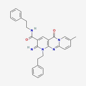 molecular formula C29H27N5O2 B11616973 6-imino-13-methyl-2-oxo-N,7-bis(2-phenylethyl)-1,7,9-triazatricyclo[8.4.0.03,8]tetradeca-3(8),4,9,11,13-pentaene-5-carboxamide 