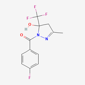 molecular formula C12H10F4N2O2 B11617019 (4-fluorophenyl)[5-hydroxy-3-methyl-5-(trifluoromethyl)-4,5-dihydro-1H-pyrazol-1-yl]methanone 