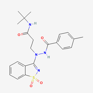 molecular formula C22H26N4O4S B11618062 N-tert-butyl-3-{1-(1,1-dioxido-1,2-benzothiazol-3-yl)-2-[(4-methylphenyl)carbonyl]hydrazinyl}propanamide 