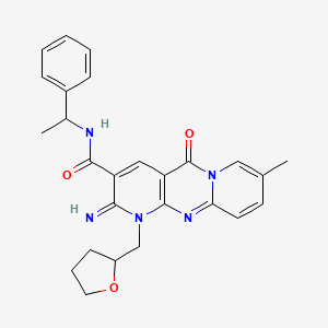 6-imino-13-methyl-2-oxo-7-(oxolan-2-ylmethyl)-N-(1-phenylethyl)-1,7,9-triazatricyclo[8.4.0.03,8]tetradeca-3(8),4,9,11,13-pentaene-5-carboxamide