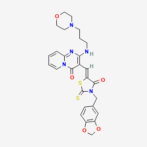 molecular formula C27H27N5O5S2 B11618258 3-{(Z)-[3-(1,3-benzodioxol-5-ylmethyl)-4-oxo-2-thioxo-1,3-thiazolidin-5-ylidene]methyl}-2-{[3-(morpholin-4-yl)propyl]amino}-4H-pyrido[1,2-a]pyrimidin-4-one 