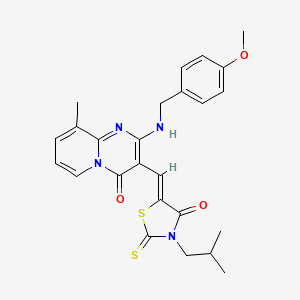 molecular formula C25H26N4O3S2 B11618602 2-[(4-methoxybenzyl)amino]-9-methyl-3-{(Z)-[3-(2-methylpropyl)-4-oxo-2-thioxo-1,3-thiazolidin-5-ylidene]methyl}-4H-pyrido[1,2-a]pyrimidin-4-one 