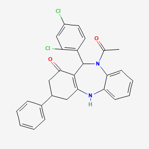 molecular formula C27H22Cl2N2O2 B11620135 1-[11-(2,4-dichlorophenyl)-1-hydroxy-3-phenyl-2,3,4,11-tetrahydro-10H-dibenzo[b,e][1,4]diazepin-10-yl]ethanone 