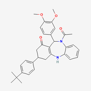 molecular formula C33H36N2O4 B11620862 1-[3-(4-tert-butylphenyl)-11-(3,4-dimethoxyphenyl)-1-hydroxy-2,3,4,11-tetrahydro-10H-dibenzo[b,e][1,4]diazepin-10-yl]ethanone 