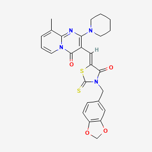 molecular formula C26H24N4O4S2 B11620970 3-{(Z)-[3-(1,3-benzodioxol-5-ylmethyl)-4-oxo-2-thioxo-1,3-thiazolidin-5-ylidene]methyl}-9-methyl-2-(piperidin-1-yl)-4H-pyrido[1,2-a]pyrimidin-4-one 