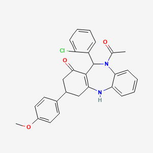 molecular formula C28H25ClN2O3 B11621024 10-acetyl-11-(2-chlorophenyl)-3-(4-methoxyphenyl)-2,3,4,5,10,11-hexahydro-1H-dibenzo[b,e][1,4]diazepin-1-one 