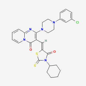 molecular formula C28H28ClN5O2S2 B11621068 2-[4-(3-chlorophenyl)piperazin-1-yl]-3-[(Z)-(3-cyclohexyl-4-oxo-2-thioxo-1,3-thiazolidin-5-ylidene)methyl]-4H-pyrido[1,2-a]pyrimidin-4-one 