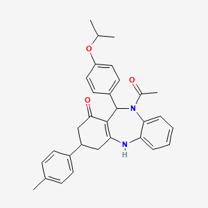 molecular formula C31H32N2O3 B11621135 1-{1-hydroxy-3-(4-methylphenyl)-11-[4-(propan-2-yloxy)phenyl]-2,3,4,11-tetrahydro-10H-dibenzo[b,e][1,4]diazepin-10-yl}ethanone 