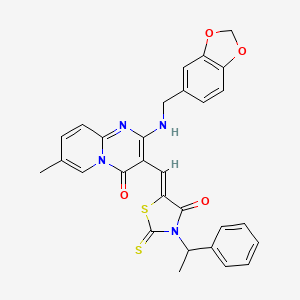 2-[(1,3-benzodioxol-5-ylmethyl)amino]-7-methyl-3-{(Z)-[4-oxo-3-(1-phenylethyl)-2-thioxo-1,3-thiazolidin-5-ylidene]methyl}-4H-pyrido[1,2-a]pyrimidin-4-one