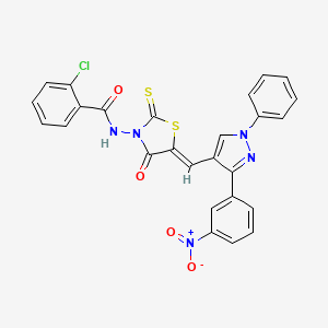 molecular formula C26H16ClN5O4S2 B11621979 2-chloro-N-((5Z)-5-{[3-(3-nitrophenyl)-1-phenyl-1H-pyrazol-4-yl]methylene}-4-oxo-2-thioxo-1,3-thiazolidin-3-yl)benzamide 