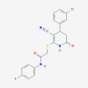 molecular formula C20H15BrFN3O2S B11622120 2-((4-(3-bromophenyl)-3-cyano-6-oxo-1,4,5,6-tetrahydropyridin-2-yl)thio)-N-(4-fluorophenyl)acetamide 