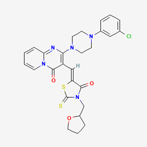 molecular formula C27H26ClN5O3S2 B11622153 2-[4-(3-Chlorophenyl)-1-piperazinyl]-3-{(Z)-[4-oxo-3-(tetrahydro-2-furanylmethyl)-2-thioxo-1,3-thiazolidin-5-ylidene]methyl}-4H-pyrido[1,2-A]pyrimidin-4-one 