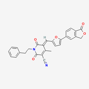 molecular formula C28H20N2O5 B11622230 (5E)-4-Methyl-2,6-dioxo-5-{[5-(1-oxo-1,3-dihydro-2-benzofuran-5-YL)furan-2-YL]methylidene}-1-(2-phenylethyl)-1,2,5,6-tetrahydropyridine-3-carbonitrile 