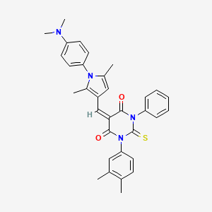 molecular formula C33H32N4O2S B11622238 (5E)-5-({1-[4-(dimethylamino)phenyl]-2,5-dimethyl-1H-pyrrol-3-yl}methylidene)-1-(3,4-dimethylphenyl)-3-phenyl-2-thioxodihydropyrimidine-4,6(1H,5H)-dione 