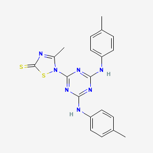 molecular formula C20H19N7S2 B11622276 2-{4,6-bis[(4-methylphenyl)amino]-1,3,5-triazin-2-yl}-3-methyl-1,2,4-thiadiazole-5(2H)-thione 