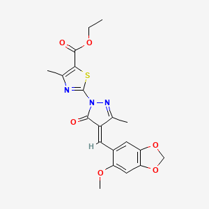 molecular formula C20H19N3O6S B11622290 ethyl 2-{(4E)-4-[(6-methoxy-1,3-benzodioxol-5-yl)methylidene]-3-methyl-5-oxo-4,5-dihydro-1H-pyrazol-1-yl}-4-methyl-1,3-thiazole-5-carboxylate 