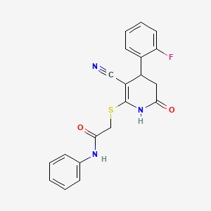 molecular formula C20H16FN3O2S B11622349 2-((3-cyano-4-(2-fluorophenyl)-6-oxo-1,4,5,6-tetrahydropyridin-2-yl)thio)-N-phenylacetamide 