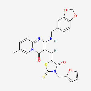 molecular formula C26H20N4O5S2 B11622370 2-[(1,3-benzodioxol-5-ylmethyl)amino]-3-{(Z)-[3-(furan-2-ylmethyl)-4-oxo-2-thioxo-1,3-thiazolidin-5-ylidene]methyl}-7-methyl-4H-pyrido[1,2-a]pyrimidin-4-one 