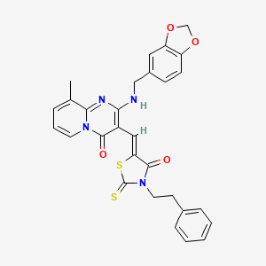 molecular formula C29H24N4O4S2 B11622439 2-[(1,3-benzodioxol-5-ylmethyl)amino]-9-methyl-3-{(Z)-[4-oxo-3-(2-phenylethyl)-2-thioxo-1,3-thiazolidin-5-ylidene]methyl}-4H-pyrido[1,2-a]pyrimidin-4-one 