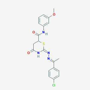 (2E)-2-{(2E)-[1-(4-chlorophenyl)ethylidene]hydrazinylidene}-N-(3-methoxyphenyl)-4-oxo-1,3-thiazinane-6-carboxamide