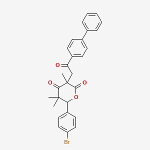 molecular formula C28H25BrO4 B11622481 3-[2-(biphenyl-4-yl)-2-oxoethyl]-6-(4-bromophenyl)-3,5,5-trimethyldihydro-2H-pyran-2,4(3H)-dione 