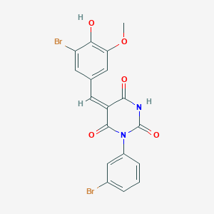 molecular formula C18H12Br2N2O5 B11622575 (5E)-5-[(3-bromo-4-hydroxy-5-methoxyphenyl)methylidene]-1-(3-bromophenyl)-1,3-diazinane-2,4,6-trione 