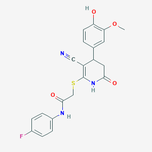 2-{[3-cyano-4-(4-hydroxy-3-methoxyphenyl)-6-oxo-1,4,5,6-tetrahydropyridin-2-yl]sulfanyl}-N-(4-fluorophenyl)acetamide