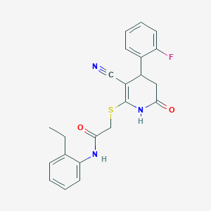 molecular formula C22H20FN3O2S B11622639 2-{[3-cyano-4-(2-fluorophenyl)-6-oxo-1,4,5,6-tetrahydropyridin-2-yl]sulfanyl}-N-(2-ethylphenyl)acetamide 