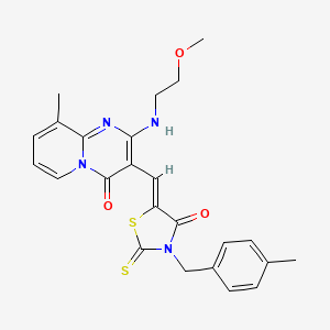 molecular formula C24H24N4O3S2 B11622652 2-[(2-methoxyethyl)amino]-9-methyl-3-{(Z)-[3-(4-methylbenzyl)-4-oxo-2-thioxo-1,3-thiazolidin-5-ylidene]methyl}-4H-pyrido[1,2-a]pyrimidin-4-one 