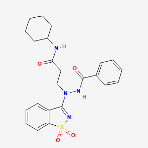 molecular formula C23H26N4O4S B11622669 3-[2-benzoyl-1-(1,1-dioxido-1,2-benzisothiazol-3-yl)hydrazino]-N-cyclohexylpropanamide 