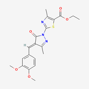 molecular formula C20H21N3O5S B11622718 ethyl 2-[(4E)-4-(3,4-dimethoxybenzylidene)-3-methyl-5-oxo-4,5-dihydro-1H-pyrazol-1-yl]-4-methyl-1,3-thiazole-5-carboxylate 