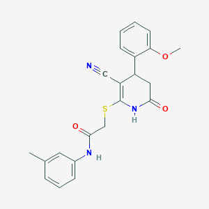 molecular formula C22H21N3O3S B11622736 2-{[3-cyano-4-(2-methoxyphenyl)-6-oxo-1,4,5,6-tetrahydropyridin-2-yl]sulfanyl}-N-(3-methylphenyl)acetamide 