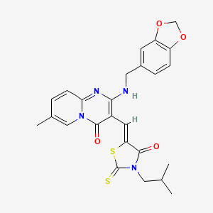 molecular formula C25H24N4O4S2 B11622797 2-[(1,3-benzodioxol-5-ylmethyl)amino]-7-methyl-3-{(Z)-[3-(2-methylpropyl)-4-oxo-2-thioxo-1,3-thiazolidin-5-ylidene]methyl}-4H-pyrido[1,2-a]pyrimidin-4-one 