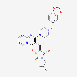 molecular formula C28H29N5O4S2 B11622919 2-[4-(1,3-benzodioxol-5-ylmethyl)piperazin-1-yl]-3-{(Z)-[3-(2-methylpropyl)-4-oxo-2-thioxo-1,3-thiazolidin-5-ylidene]methyl}-4H-pyrido[1,2-a]pyrimidin-4-one 