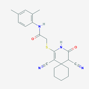 molecular formula C22H24N4O2S B11622939 2-({1,5-Dicyano-4-oxo-3-azaspiro[5.5]undec-1-EN-2-YL}sulfanyl)-N-(2,4-dimethylphenyl)acetamide 